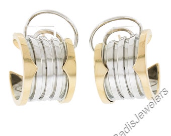 18k Two Tone Gold Wide Accordion Style Cuff Earrings W/ Omega Backings