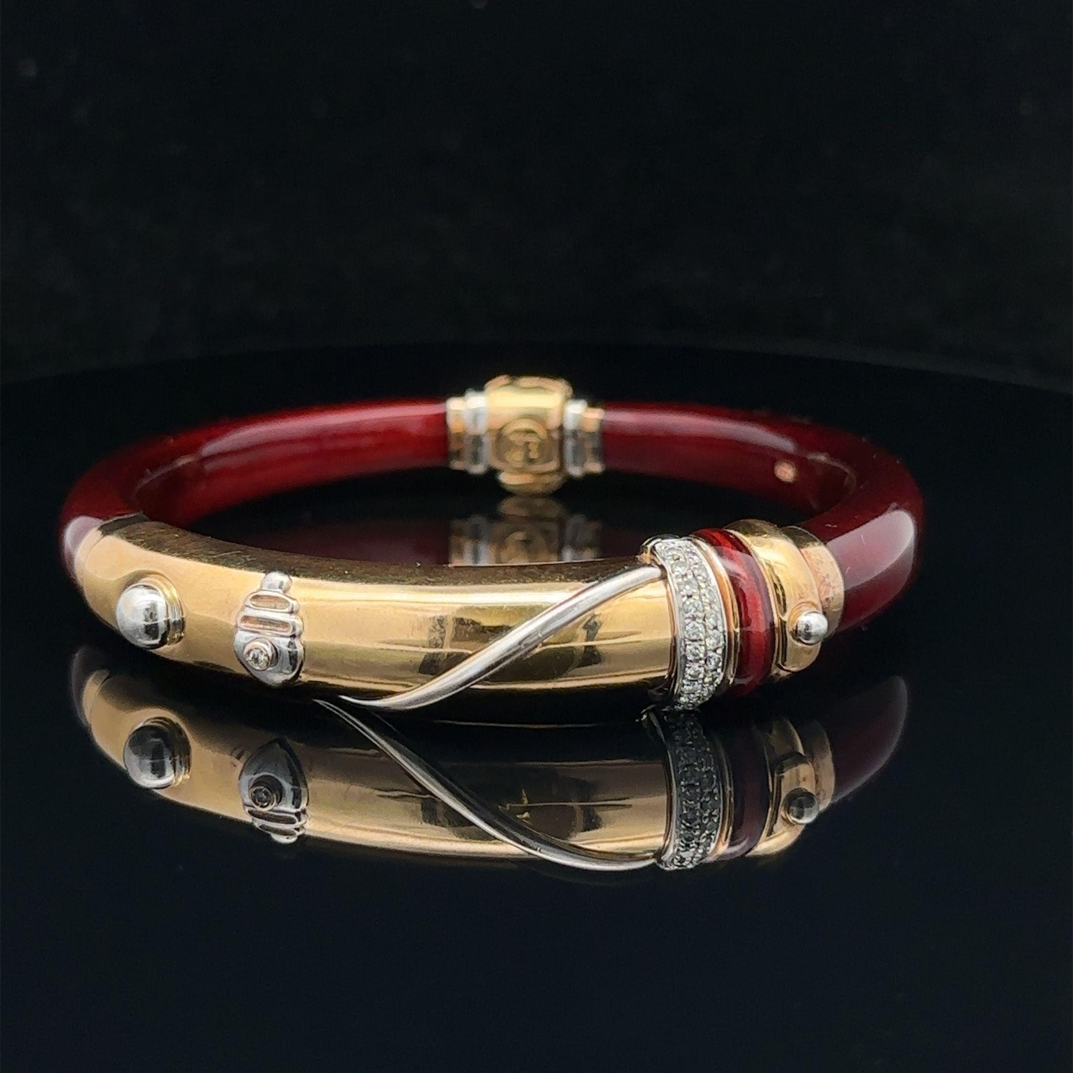 La Nouvelle Bague 18k Yellow Gold Silver Red Enamel Diamond Bangle Bracelet Etsy