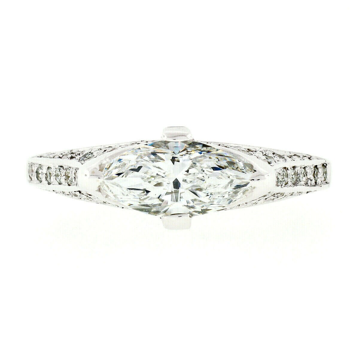 NEW 18k White Gold 1.50ctw GIA Certified Sideways Prong Set Marquise Cut Diamond Solitaire & Pavé Set Round Diamond Engagement Ring