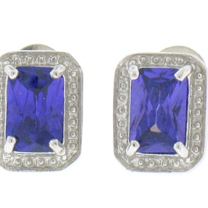 New Simple .925 Sterling Silver Rectangular Cut Prong Set Rich Purple Cubic Zirconia Stud Earrings with Beaded Border and Butterfly closuers