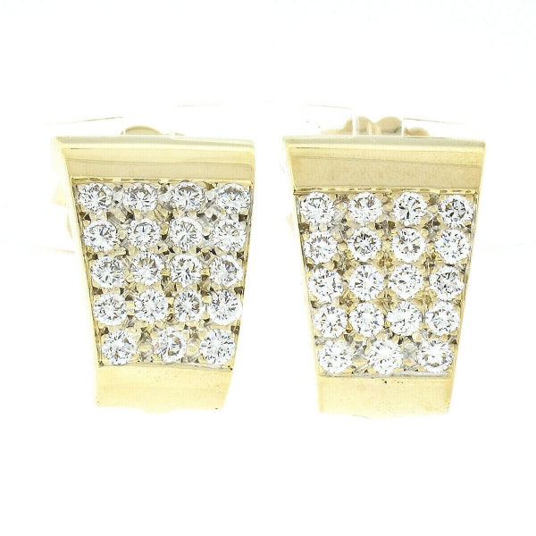 Estate 18K Yellow Gold 1.25ctw Round Brilliant Cut Pave Set Diamond Polished Wide Cuff Earrings w/ Enhancer Hook and Butterfly Closures
