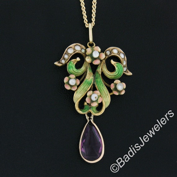 Antique Art Nouveau 14k Yellow Gold Amethyst w/ S… - image 3