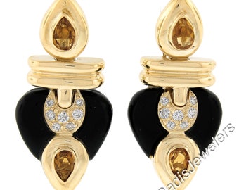 Estate 18k Yellow Gold 1.35ctw Diamonds w/ Citrine & Black Onyx Reversible Drop Dangle Clip On Earrings in Excellent Condition!