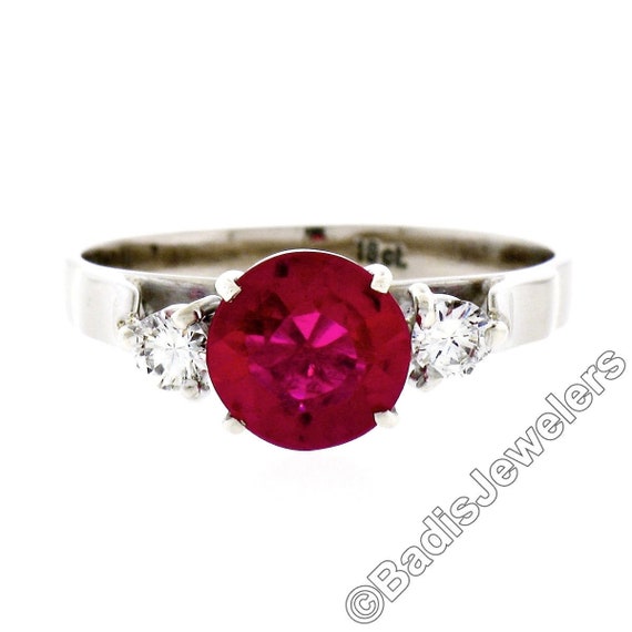 Vintage 18K White Gold Old Cut Red Stone Solitair… - image 1