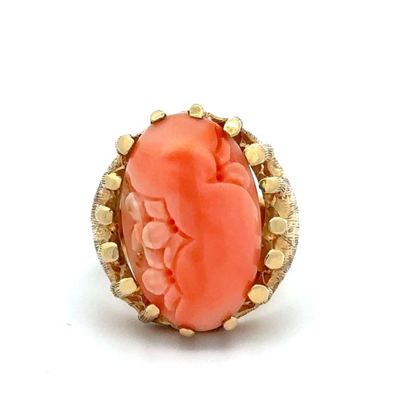 Vintage 14k Yellow Gold Large Carved Coral Caboch… - image 2