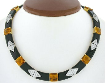 Designer Michael Bondanza 18k Yellow Gold & Platinum 15.5" 65.11ctw Diamond and Citrine w/ Black Onyx Geometric Choker Statement Necklace