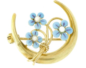 Antique Art Nouveau 14k Yellow Gold Crescent Moon w/ Matte Blue Enamel & Seed Pearl Flowers Pin Brooch in Excellent Condition