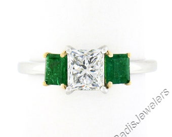 NEW Platinum & 18k Yellow Gold 1.64ctw GIA Princess Cut Diamond w/ Square Step Cut Emerald Three Stone Engagement or Promise Ring