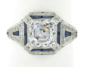 Antique Art Deco Platinum 3.68ctw GIA Certified Asscher Diamond & Sapphire DETAILED Milgrain Etched Open Work Engagement or Promise Ring