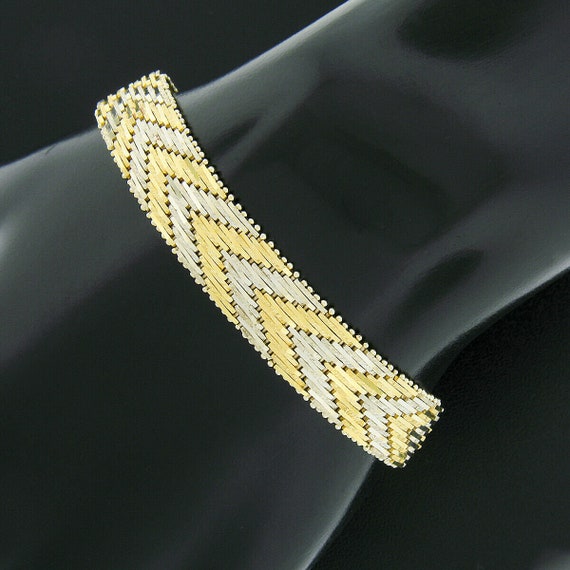 Designer Chimento 18k Two Tone Gold 7 10.5mm Wide Textured Chevron Pattern  W/ Bead Work Sides Flexible Strap Bracelet With Patina -  Canada