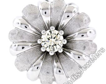 Unique Vintage Handmade 18K White Gold 0.78ctw Round Brilliant Cut Diamond Solitaire Large Cocktail Flower Petals Ring Size 5.5