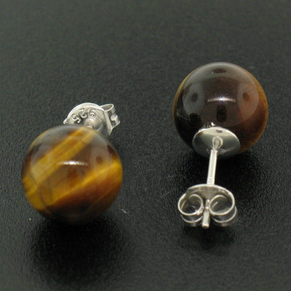 Sterling Silver Classic Simple Elegant 10mm Tiger's Eye Ball Bead Stud Post Earrings