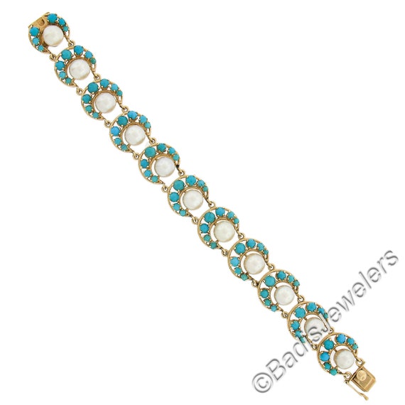 Vintage 14K Yellow Gold Pearls & Cabochon Turquoi… - image 5