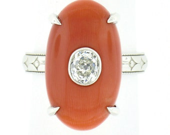 Antique Unique Platinum FINE GIA Certified Pierced Oval Cabochon Cut Reddish Orange Coral & Oval Mine Cut Diamond Statement Ring