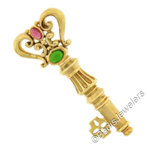 Designer Seidengang 18K Yellow Gold Oval Cabochon Pink & Green Tourmaline Large Detailed Key Brooch Pin with Original Patina