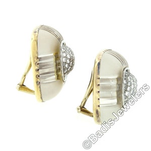 Vintage Gorgeous Designer Trianon 14k Two Tone White an Yellow Gold Rock Crystal & Diamond Polished Large Domed Cushion Clip On Earrings image 4