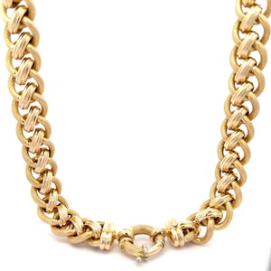 Estate Italian 14k Yellow Gold Wide Interlocking Textured & Polished Link Statement Necklace w/ Large Spring Ring Clasp