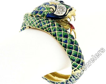 Vintage 18k Yellow Gold 0.75ctw Old Transitional Diamond w/ Green, Blue, Red & White Enamel Snake or Dragon Wrap Open Hinged Bangle Bracelet