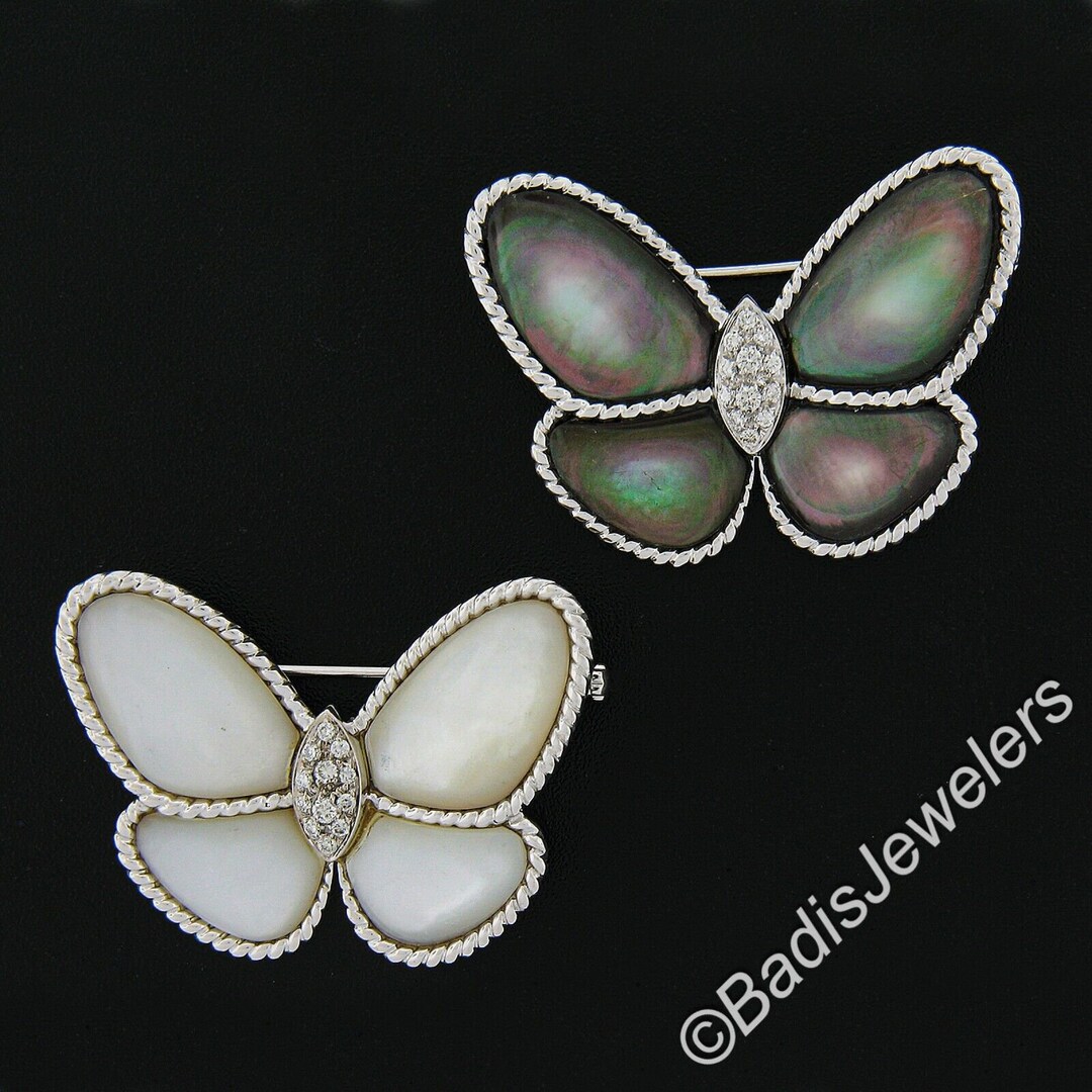 Pair of 2 18K White Gold Black & White Mother of Pearl and Diamonds W ...