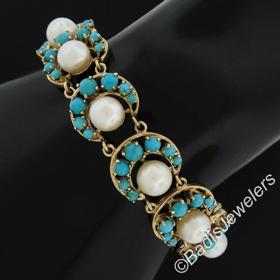 Vintage 14K Yellow Gold Pearls & Cabochon Turquoi… - image 3