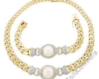 18k Yellow Gold 16.7mm South Sea Pearl and 7.65ctw Diamond Polished Curb Link Necklace & Bracelet Jewelry Set