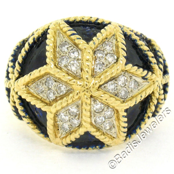 Corletto Italy 18k Yellow Gold .48ctw Single Cut Diamond Star & Blue Enamel Ring