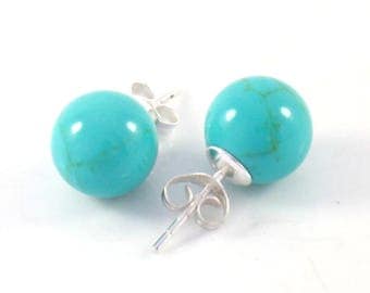 Simple Elegant Blue Turquoise Sterling Silver 10mm Bead Ball Post Stud Earrings