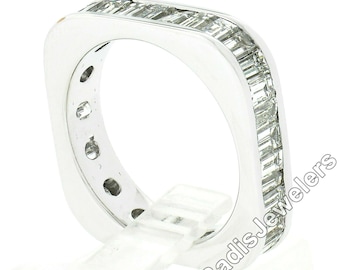 Estate Elegant Classy 18k White Gold 5.0ctw Channel Set Straight Baguette Cut Diamond Squared Eternity Band Ring in Excellent Condition