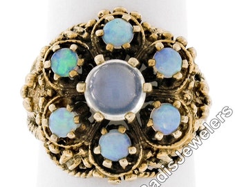 Large Vintage 14K Yellow Gold Round Cabochon Blue Moonstone & Opal Open Beading Work Twisted Wire Cluster Cocktail Ring Size 6.5