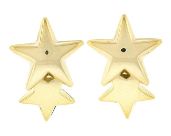 Estate 18k Yellow Gold Puffed & Polished Dual Star Drop Dangle Enhancer Earrings w/ Post Backs and Butterfly Closures in Excellent Condition