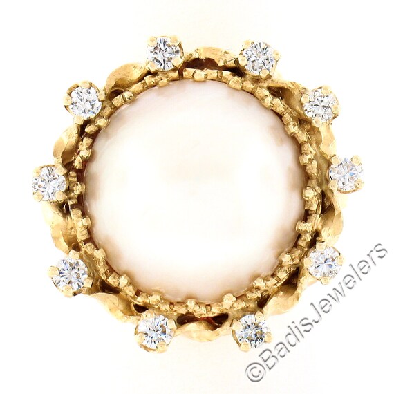 Estate 14K Yellow Gold Large 14mm Mabe Pearl w/ 0… - image 3