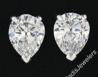 New Classy Platinum 1.69ctw GIA Certified Pear Brilliant OLD CUT "V" & Claw Prong Set Teardrop Diamond Stud Earrings with Butterfly Closures
