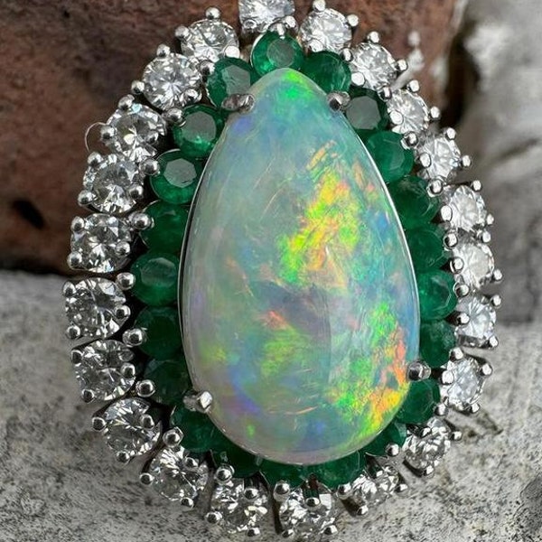 14k White Gold Gia Pear Opal Emerald & Diamond Halo Large Substantial Ring