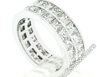 Estate 14k White Gold 6.0ctw Princess Cut Channel Set Diamond Dual Row Wide Eternity Band Ring in Excellent Condition and Ready to Wear