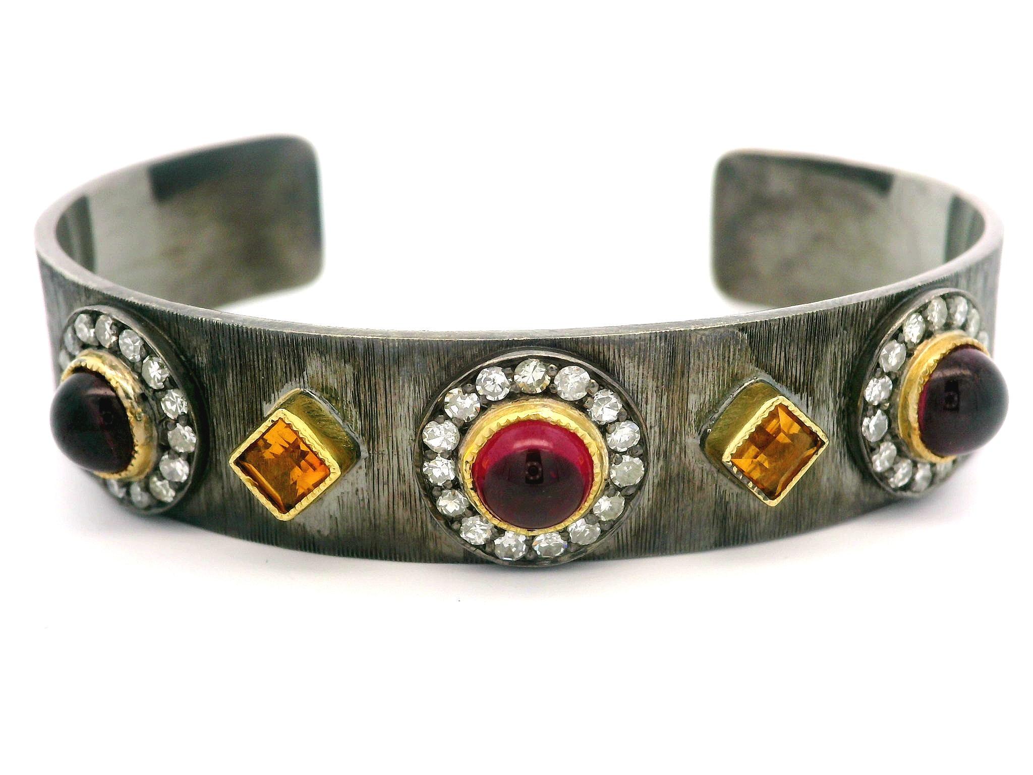 John Apel Silver & 18k Gold Garnet Citrine Diamond Arena Textured Cuff Bracelet