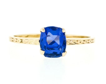 Antique 14k Yellow Gold GIA Certified 1.95ct NO HEAT Cushion Cut Blue Ceylon Sapphire Solitaire Engagement or Promise Ring