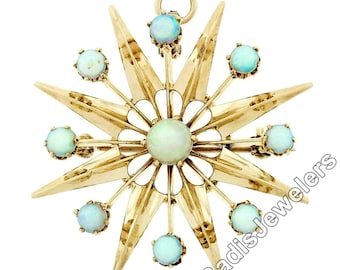 Vintage 14k Yellow Gold Cabochon Opal White w/ Orange & Green Play Multi-Ray Star Snowflake Open Work Concave Rays Brooch Pin or Pendant