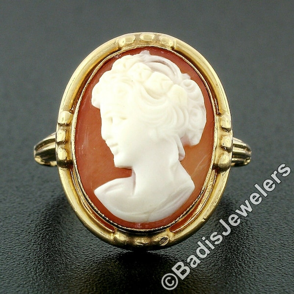 Vintage elegante massieve 14k geel gouden Milgrain bezel set ovale gesneden schelp cameo met opengewerkte kraal ontwerp frame ring met patina