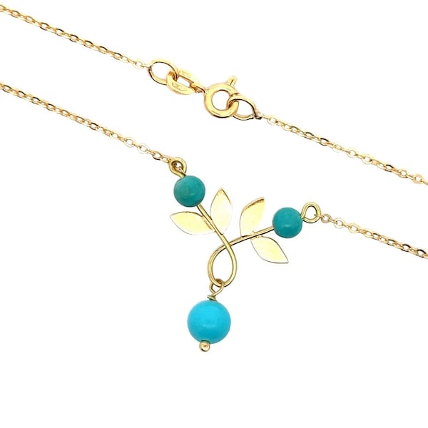 Balestra Italy 18k Yellow Gold Turquoise Bead Leaf Pendant & 14.5" Chain Necklace in Excellent Condition!