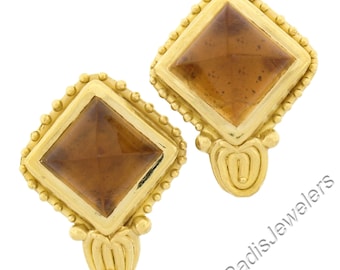 Denise Roberge 22K Yellow Gold Sugarloaf Cabochon Bezel Citrine Clip On Earrings w/ Original Finish & Patina Preserved