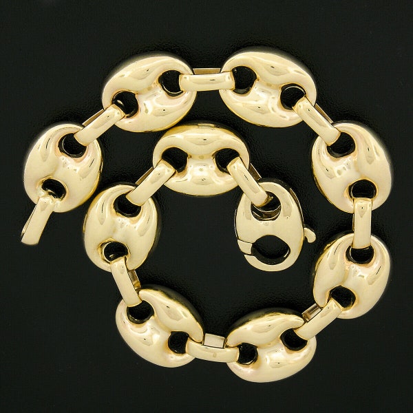 Estate Italian 14K Yellow Gold 12.3mm Wide Polished Puffed Mariner Link 6.5" Chain Bracelet with Large Lobster Claw Clasp