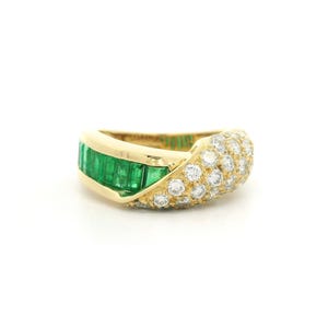 Anello vintage C. Krypell in oro giallo 18k con smeraldo e diamanti pieghevoli