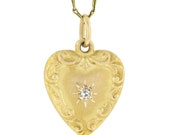 Antique Victorian 14K Yellow Gold 0.03ctw Old Cut Diamond Detailed Puffed Heart w Repousse Work Pendant 15 quot Fancy Link Chain Necklace