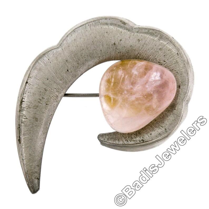 Vintage Beautiful Sterling Silver Double Cabochon Cut Light Pink Quartz Outstanding Textured Crescent Pin Brooch in Excellent Condition