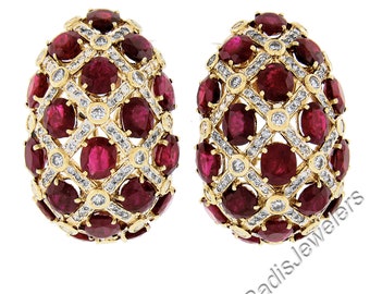 Vintage 18K Yellow Gold GIA Graded 34.50ctw Burma Oval Ruby & Diamond Large Basket Weave Egg Shape Statement Omega Earrings