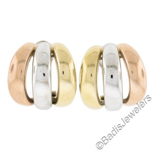Leo Pizzo 18k Tri Color Gold Large Wide 22.6mm Polished 3 Hoop Omega Cuff Earrings in Excellent Condition.