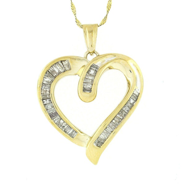 Estate Italian 10K Yellow Gold 1.20ctw Channel Set Baguette Cut Diamond Large Open Heart Pendant on 20' Twisted Link Chain Necklace