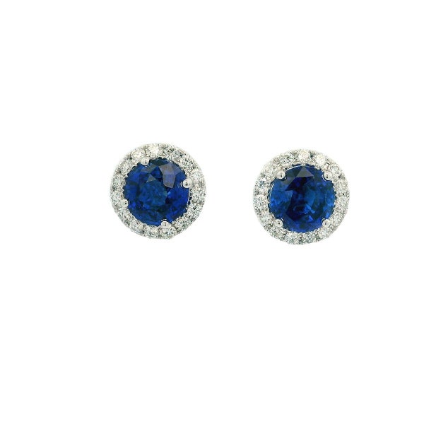 NEW 18k White Gold 5.78ctw GIA Graded Round Vivid Blue Sapphire & Diamond Halo Stud Earrings