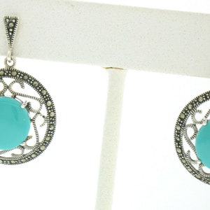 NEW Marcasite Sterling Silver Round Polished Finished Turquoise Milgrain Open Work Dangle Earrings with Butterfly Closures VERY ELEGANT