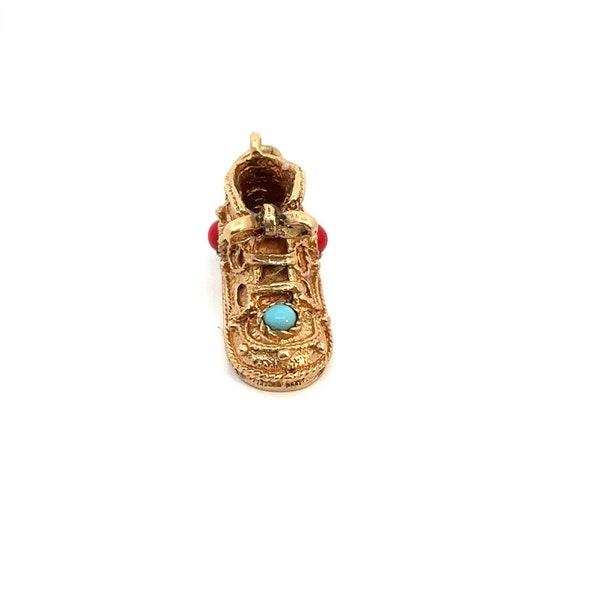 Vintage 14K Yellow Gold 3D Ornate Boot w/ Turquoise & Coral Beads Charm Pendant
